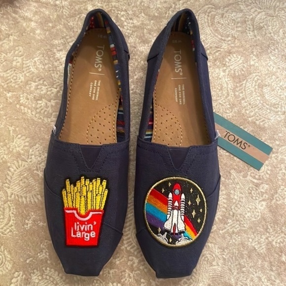 Brand New Toms Navy Blue Custom Slip On Shoes Fries Living Large Spaceship NASA - Picture 2 of 13